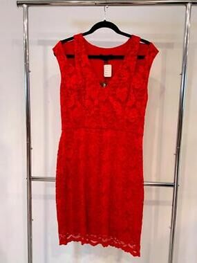 ABS Women's Vibrant Red Lace Dress - Size L